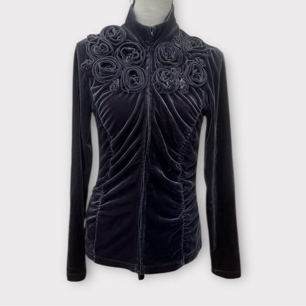 Boston Proper dusty blue velvet floral embellished jacket